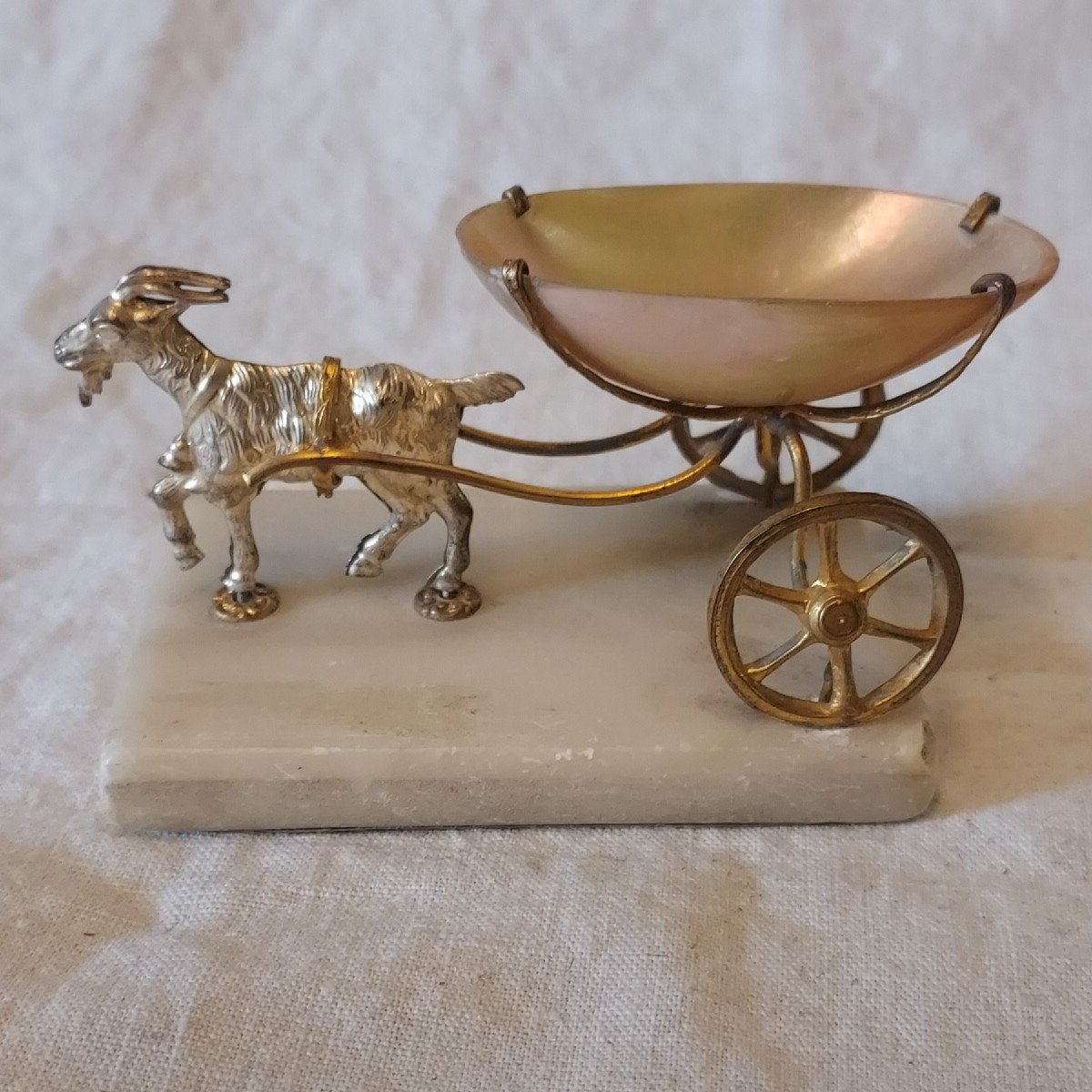 Chèvre Au Chariot En Pomponne Doré Et Argenté, Coupelle en Nacre Baguier Napoléon III 