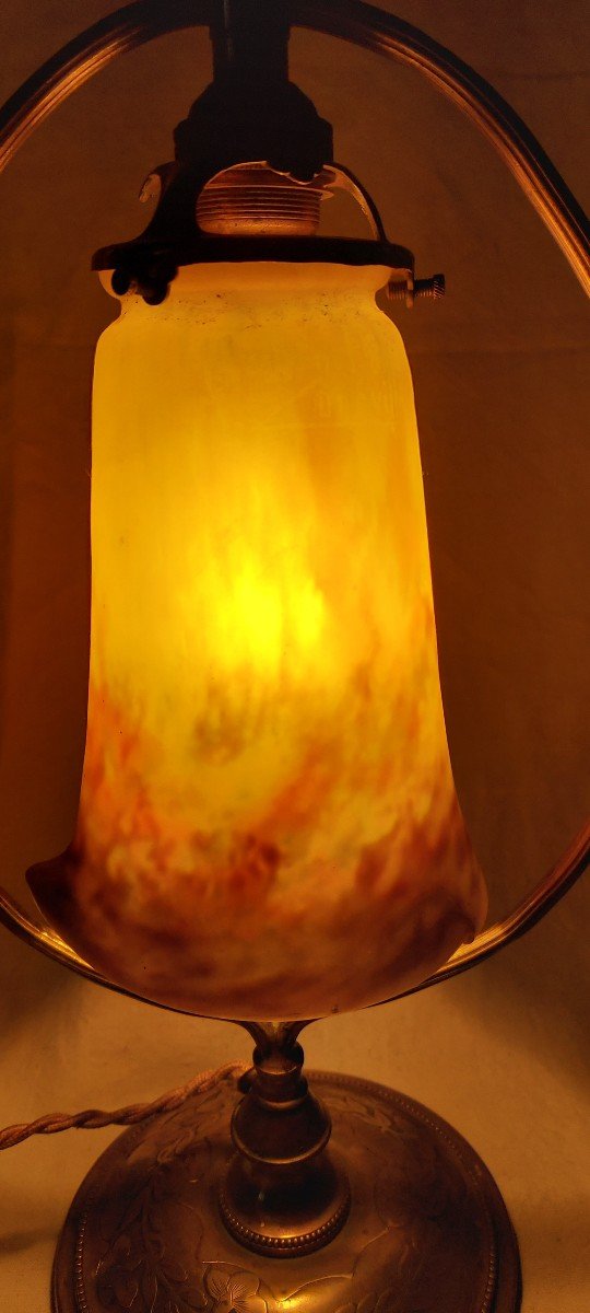 Art Nouveau Bronze Lamp And Tulip In Glass Paste Signed Muller Frères Lunéville -photo-4