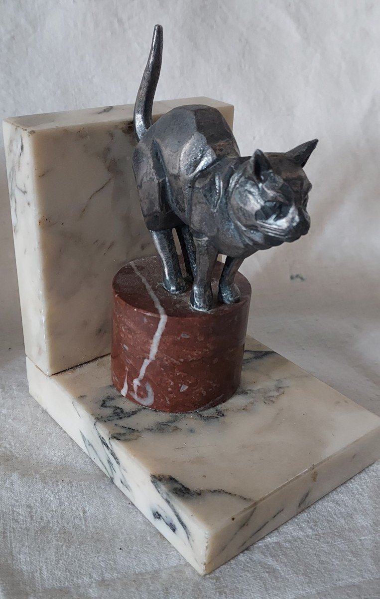 Pair Of Cat Bookends In Metal Alloy And Art Deco Marble -photo-2