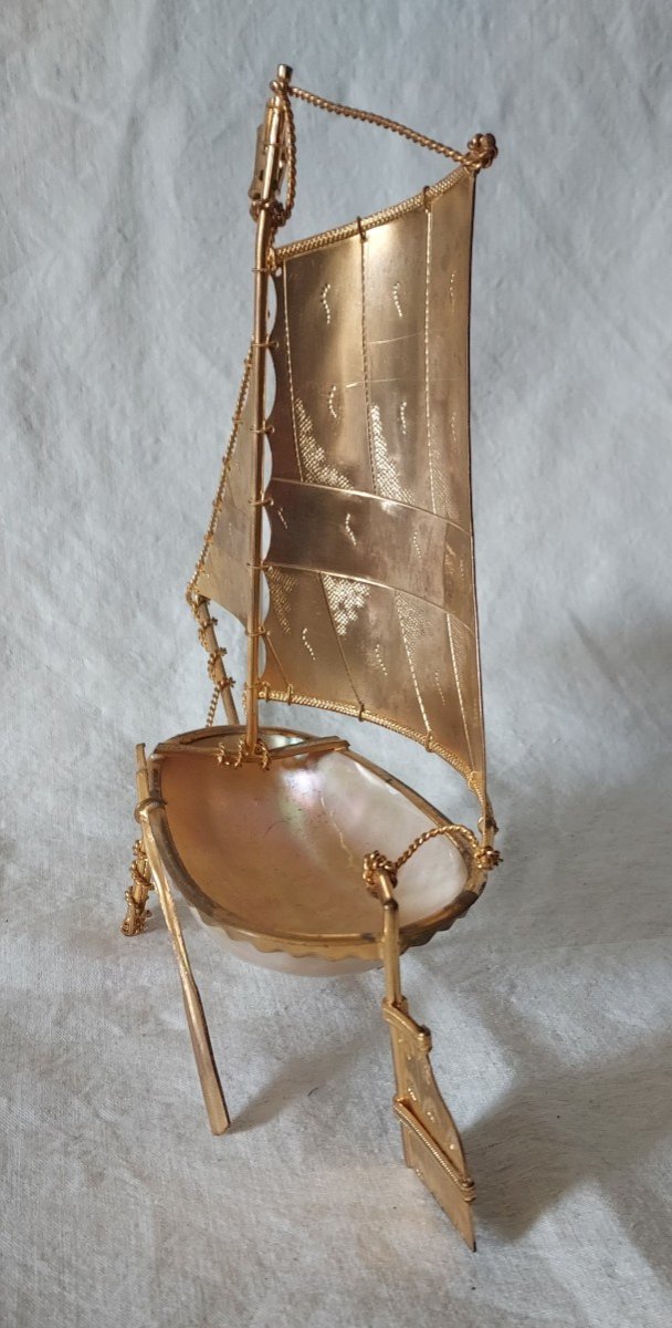 Sailboat "baguier" In Gilt Bronze And Mother-of-pearl 19th Century -photo-2