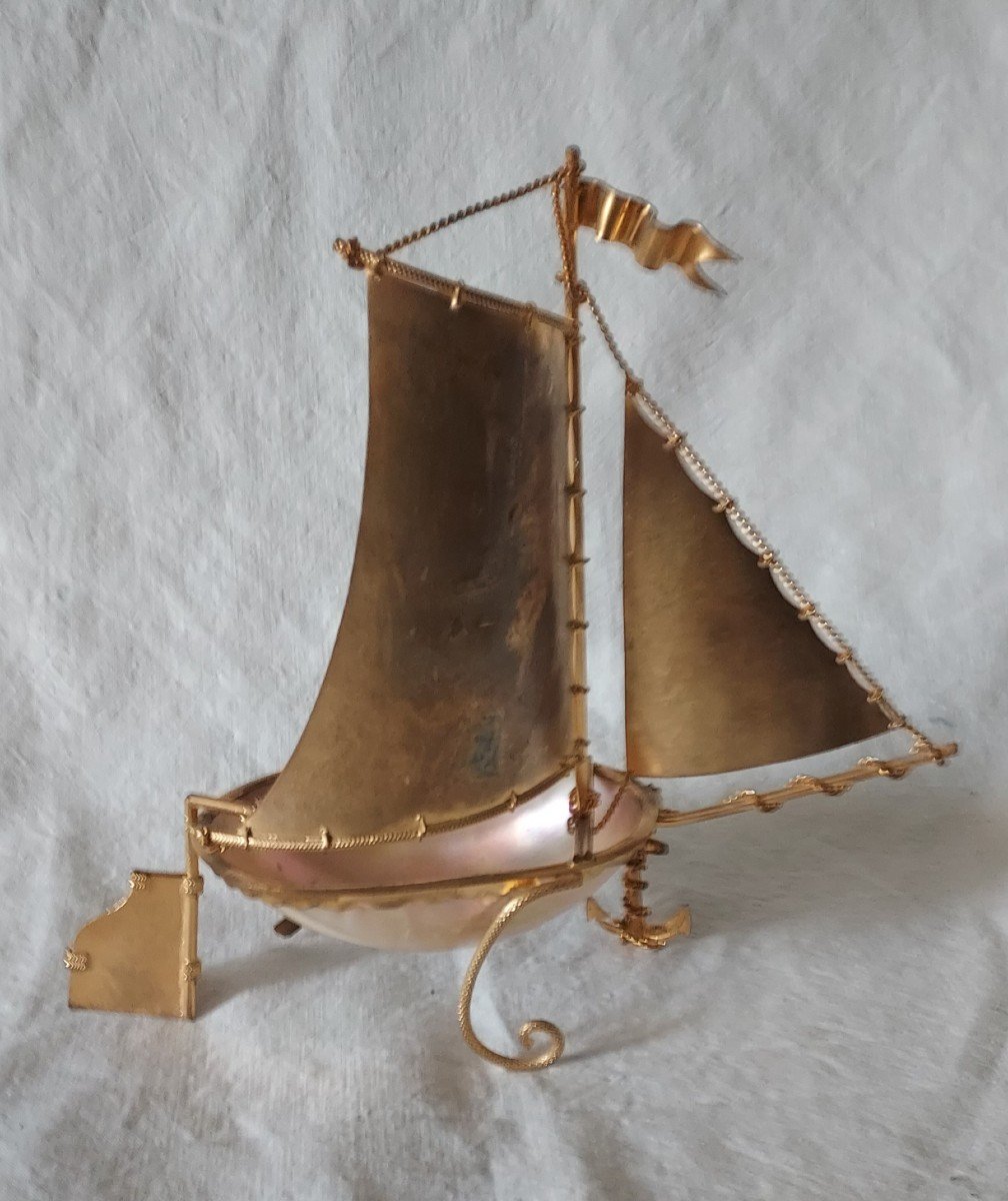 Sailboat "baguier" In Gilt Bronze And Mother-of-pearl 19th Century -photo-3