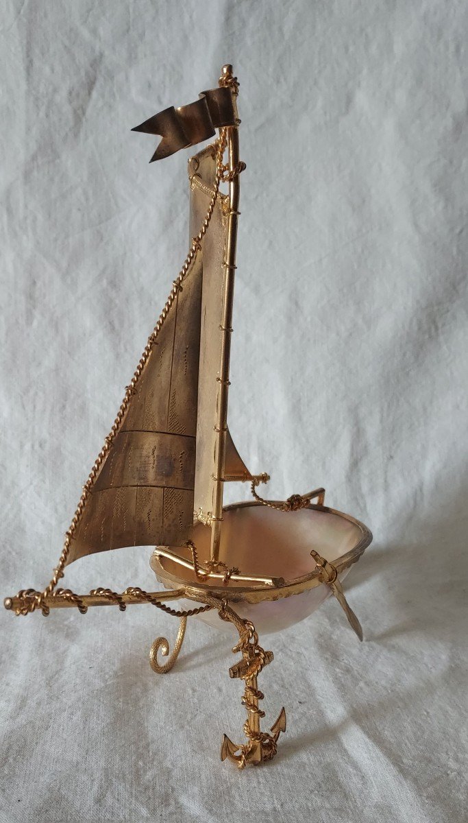 Sailboat "baguier" In Gilt Bronze And Mother-of-pearl 19th Century -photo-4