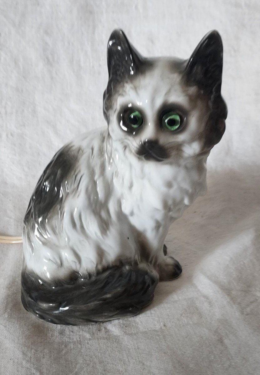 Bedroom Night Light Black And White Cat With Green Eyes, First Half Of The 20th Century -photo-3