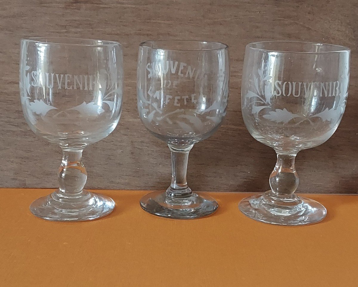 Three 19th Century Wine Glasses Engraved “souvenir” For Two And “souvenir Of The Party” For The Other