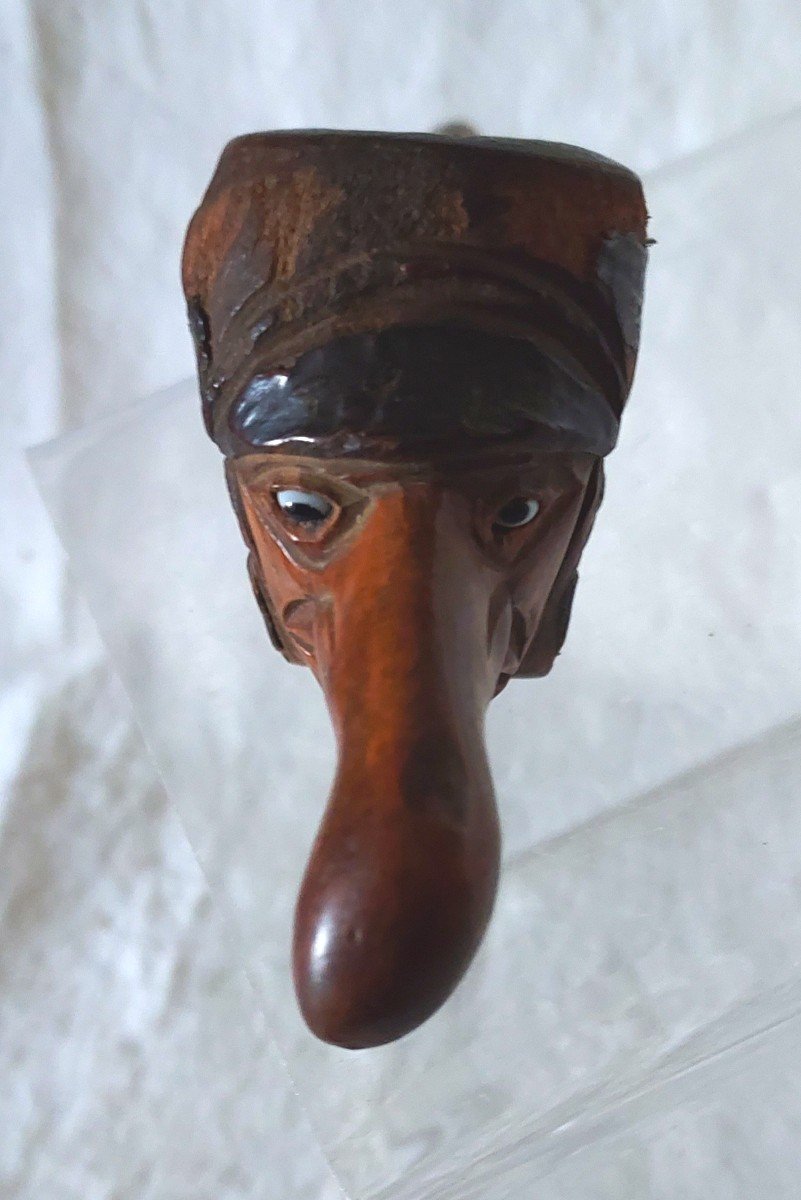 Grotesque Head Pipe In Carved Chestnut With Glass Eyes 19th Century -photo-2