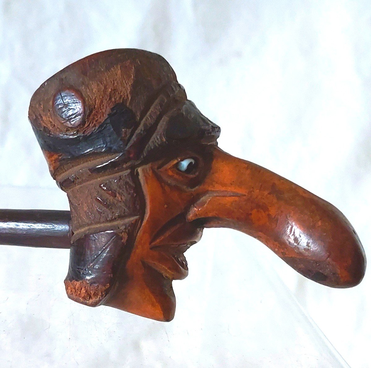 Grotesque Head Pipe In Carved Chestnut With Glass Eyes 19th Century -photo-3