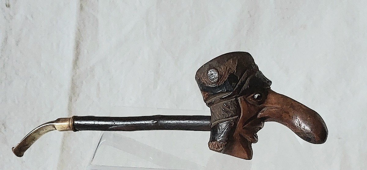 Grotesque Head Pipe In Carved Chestnut With Glass Eyes 19th Century -photo-4