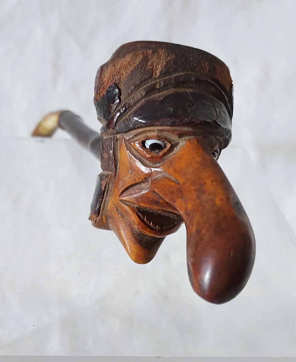 Grotesque Head Pipe In Carved Chestnut With Glass Eyes 19th Century 