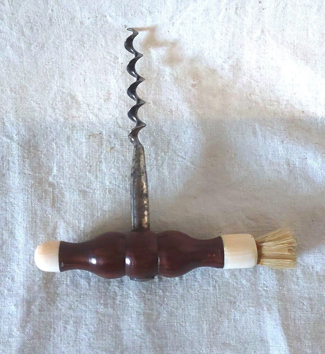 English Steel Corkscrew, Turned Macassar, Ivory Tips. Nineteenth Century -photo-1