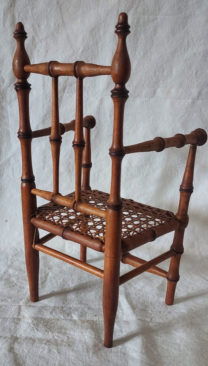 Cane Teddy Bear Doll Armchair In Turned Bamboo-style Cherry Wood Circa 1900-photo-3