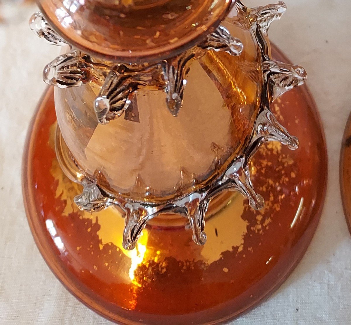 Pair Of Two-tone Glass Candlesticks, Clear And Amber, églomisé From The 19th Century -photo-3