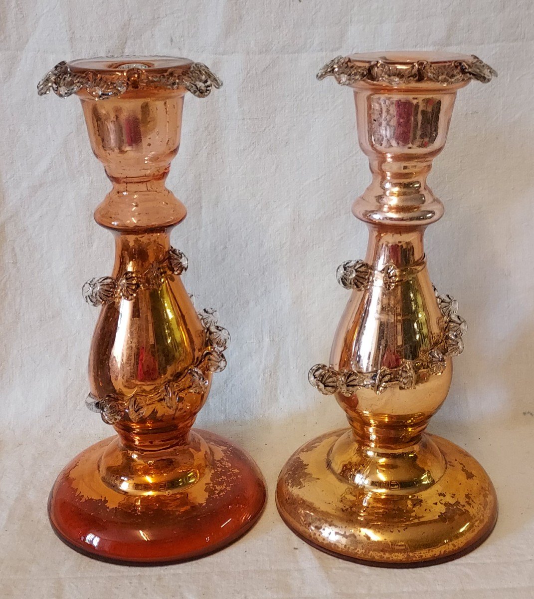 Pair Of Two-tone Glass Candlesticks, Clear And Amber, églomisé From The 19th Century 