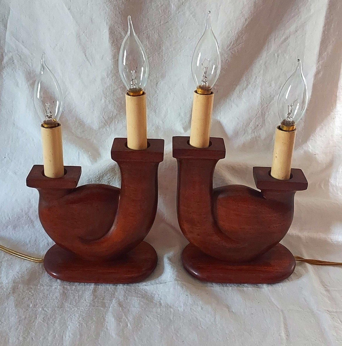 Pair Of Two-light Lamps In Carved Blond Mahogany And Signed V Delaporte 1950-1960-photo-2