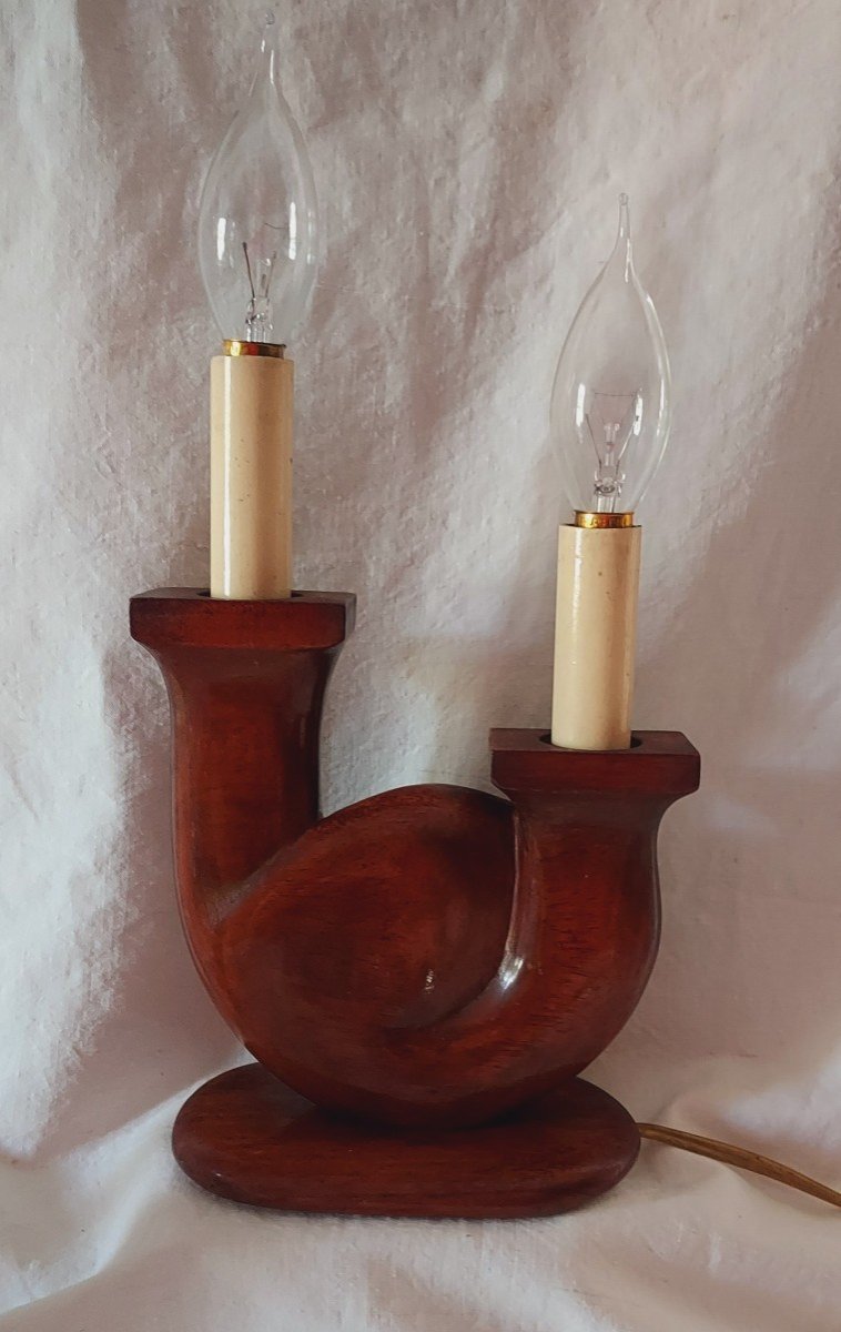 Pair Of Two-light Lamps In Carved Blond Mahogany And Signed V Delaporte 1950-1960-photo-3