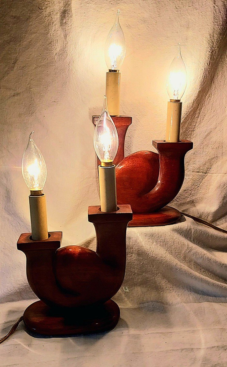 Pair Of Two-light Lamps In Carved Blond Mahogany And Signed V Delaporte 1950-1960-photo-3