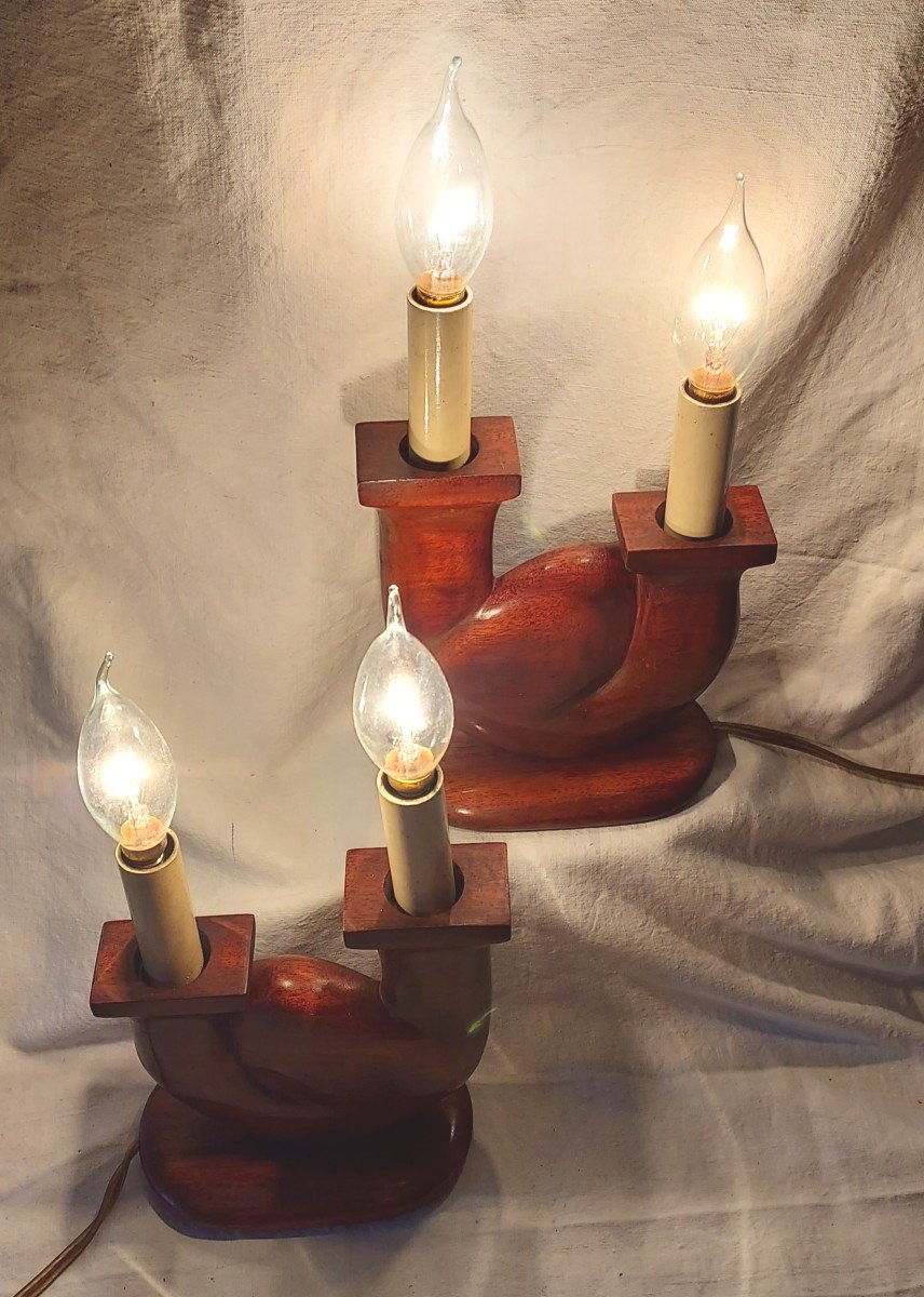 Pair Of Two-light Lamps In Carved Blond Mahogany And Signed V Delaporte 1950-1960-photo-4