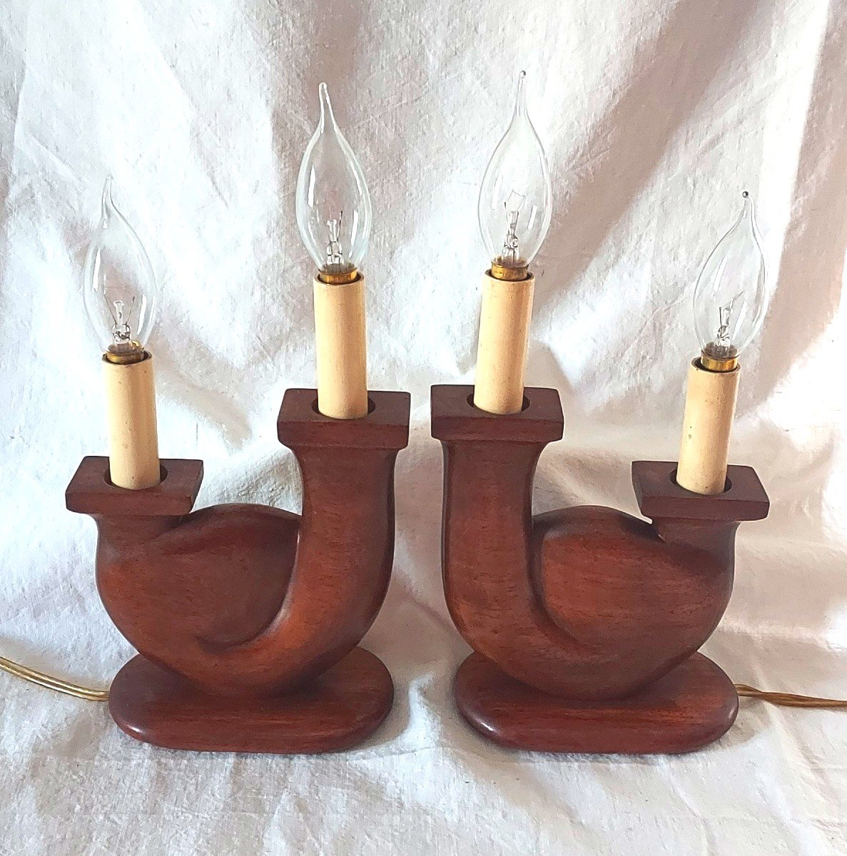 Pair Of Two-light Lamps In Carved Blond Mahogany And Signed V Delaporte 1950-1960