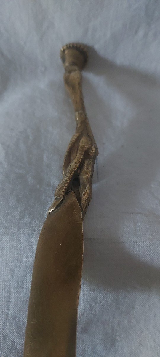 Paper Cutter Letter Opener In Stylized Gilt Bronze Forming A Feather And A Bird's Leg -photo-3