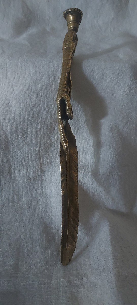 Paper Cutter Letter Opener In Stylized Gilt Bronze Forming A Feather And A Bird's Leg -photo-3
