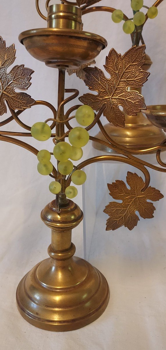 Pair Of Church Candlesticks With Three Bronze And Gilt Brass Lights Depicting Grapes-photo-2