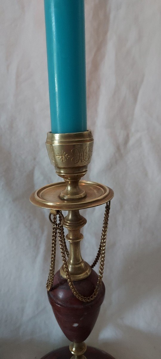 Paire De Bougeoirs En Bronze Doré Et Marbre Rouge Griotte De Campan Du XIXème Siècle -photo-2