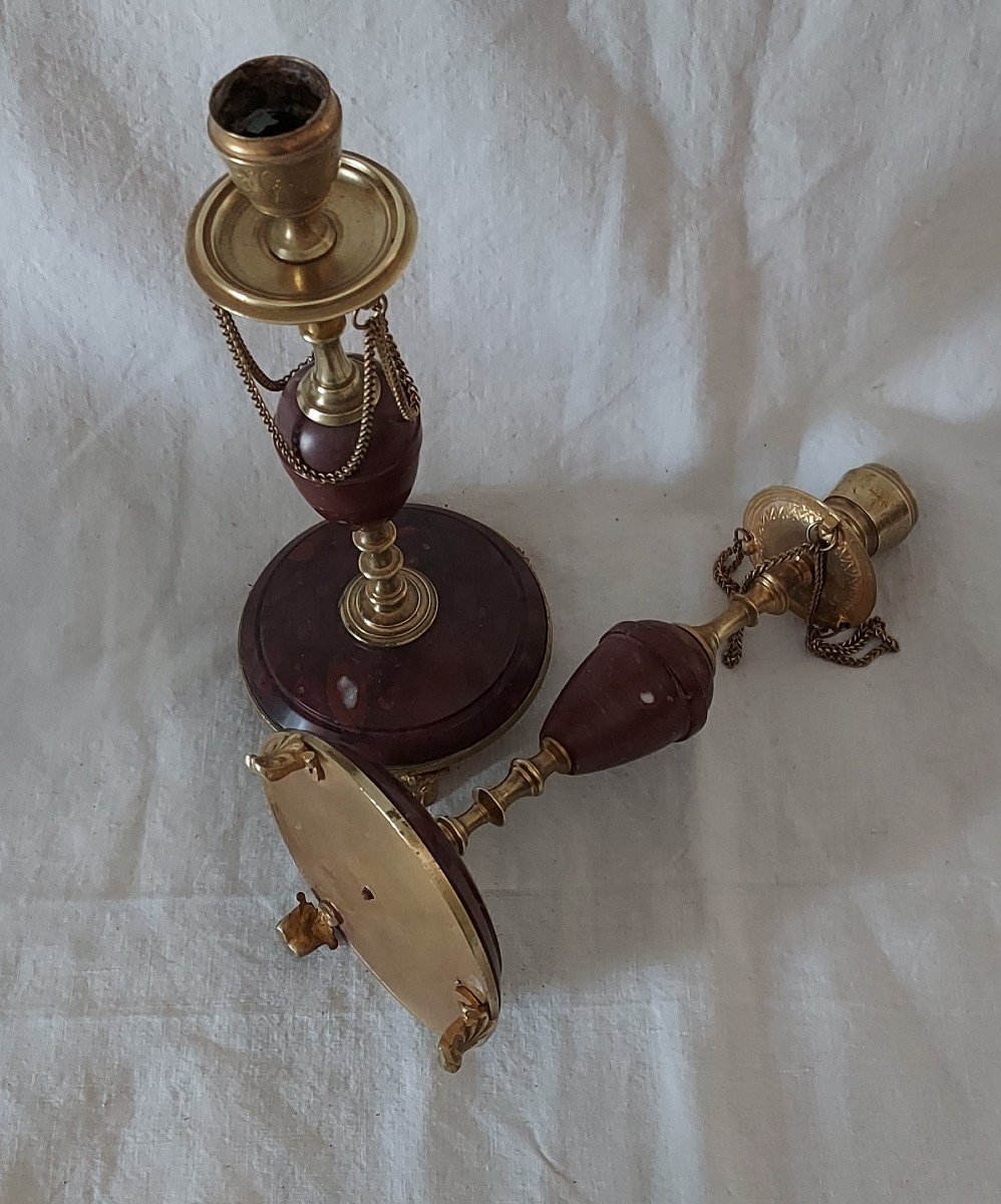 Paire De Bougeoirs En Bronze Doré Et Marbre Rouge Griotte De Campan Du XIXème Siècle -photo-1