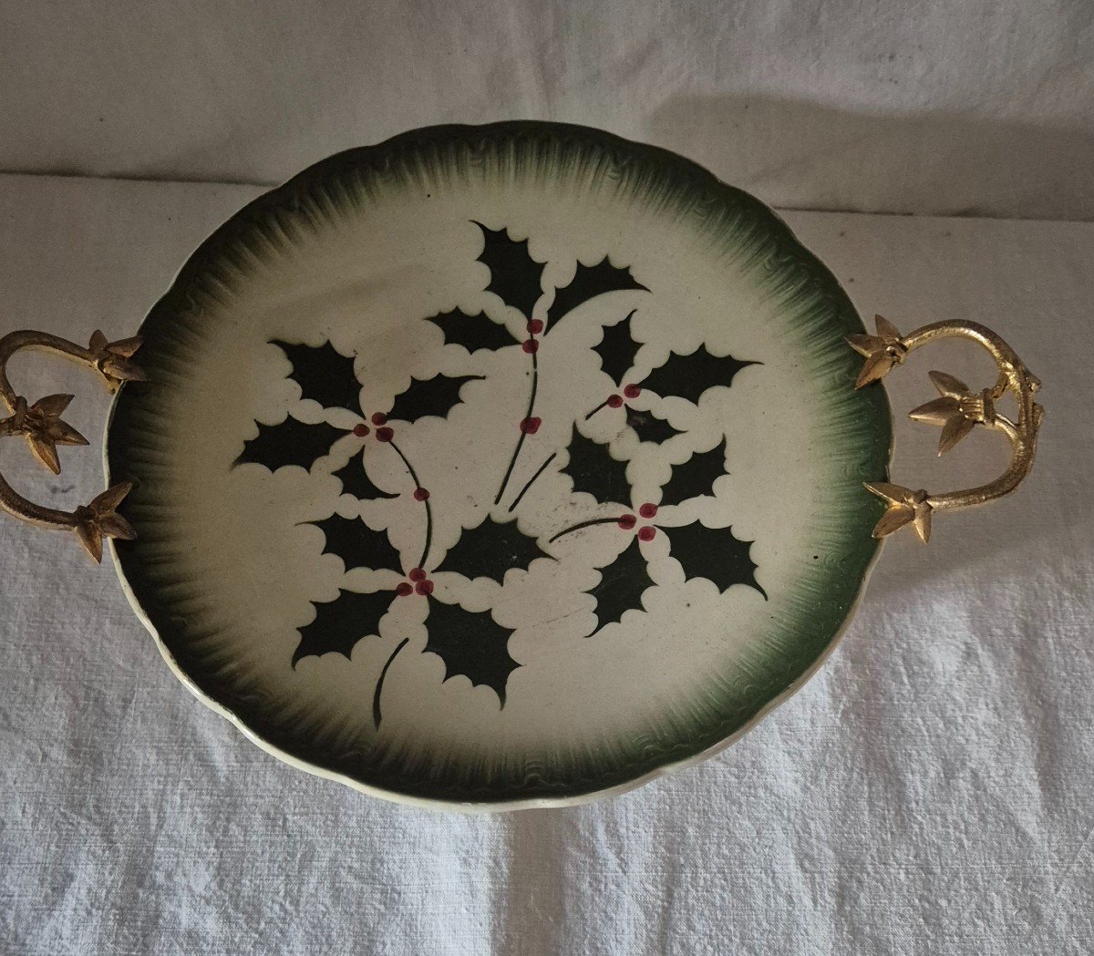 Badonviller Holly Decorated Earthenware Christmas Plate-photo-4