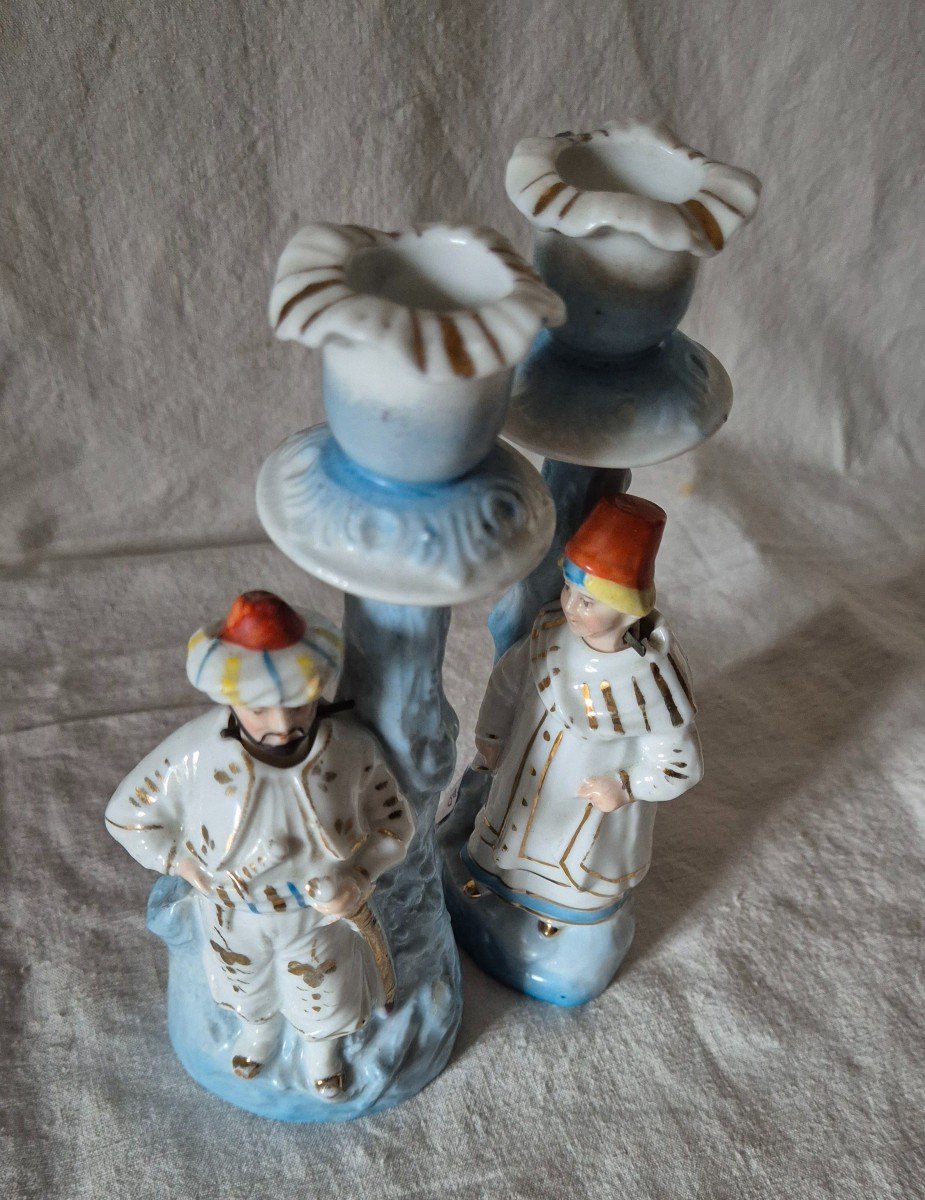 Paire De Bougeoirs Orientalistes En Porcelaine De Paris à Têtes Bousculantes -photo-5