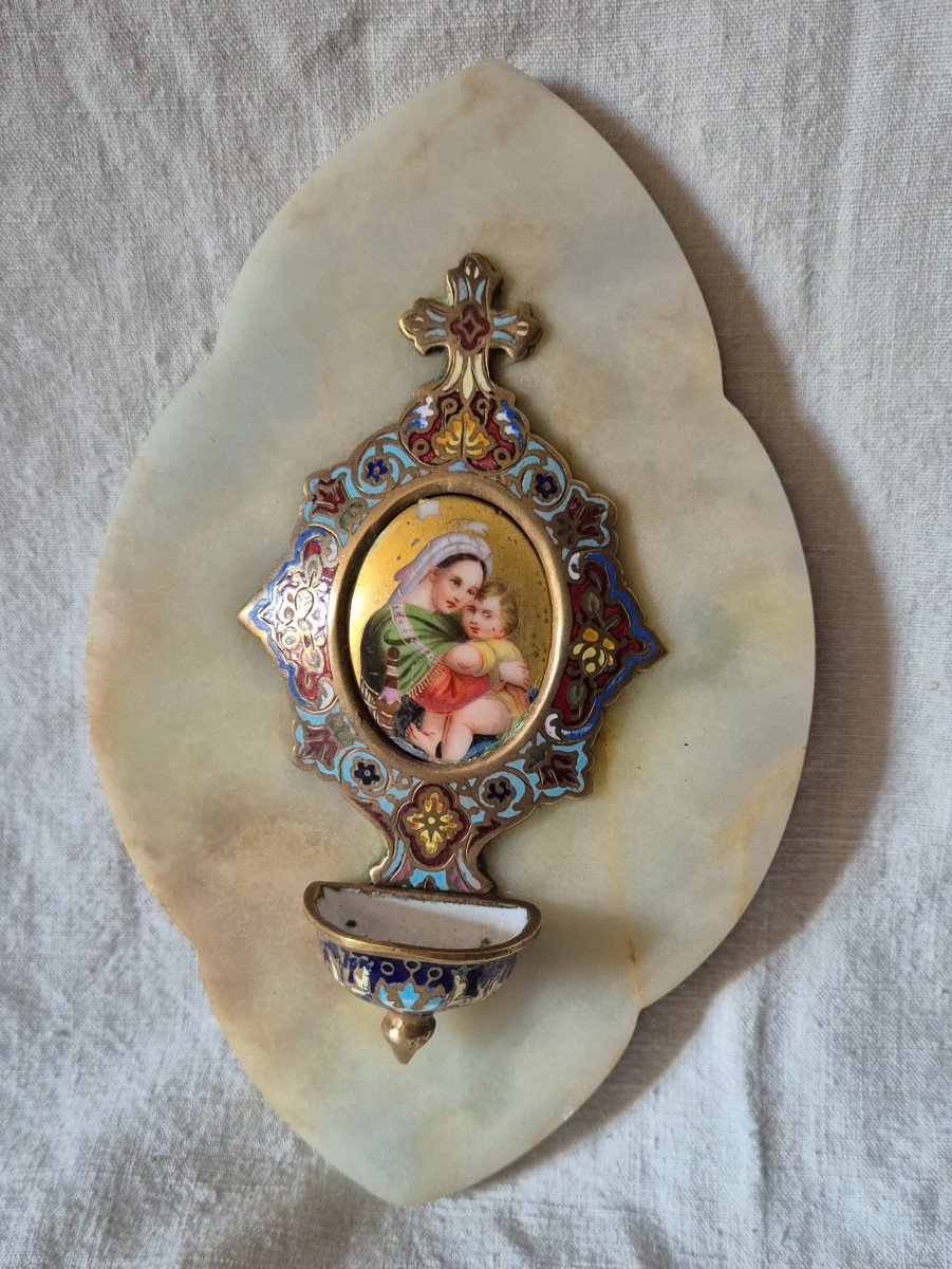 Gilt Bronze And Cloisonné Enamel Bedside Font Miniature Virgin And Child 
