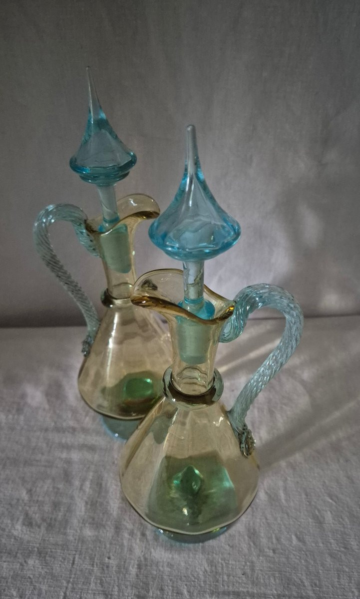 Paire De Carafons à Vin Liquoreux "George Sand " En Verre De Couleur -photo-2