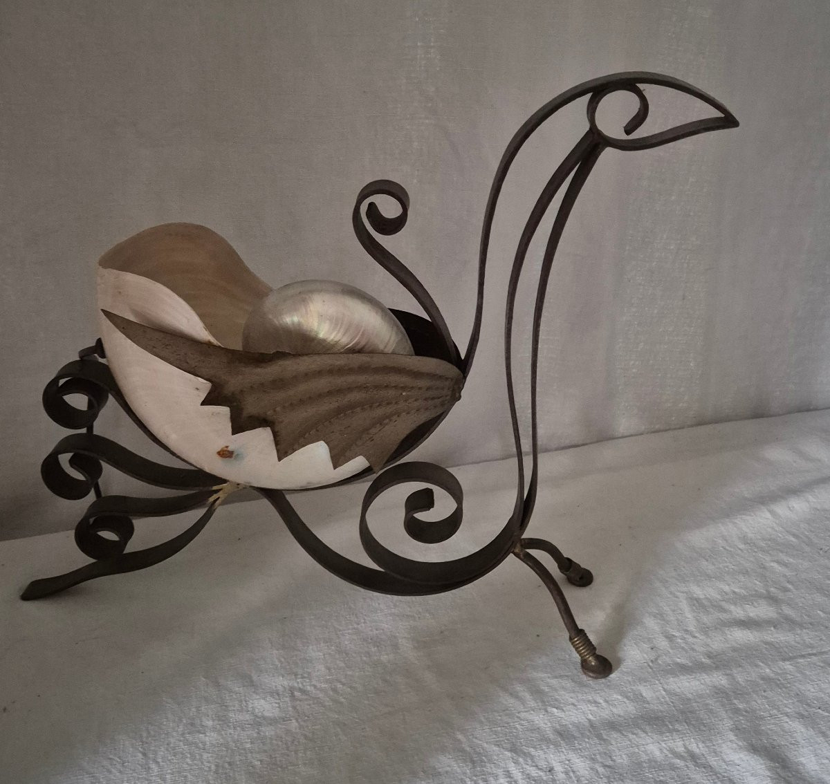 Two Lamps Made Of Shells And Patinated Metal Forming Swans, Late 20th Century-photo-3