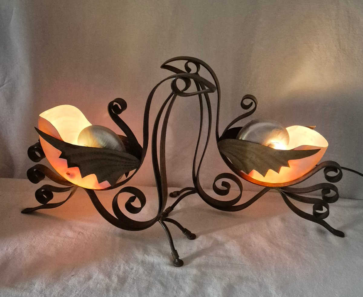 Two Lamps Made Of Shells And Patinated Metal Forming Swans, Late 20th Century-photo-8