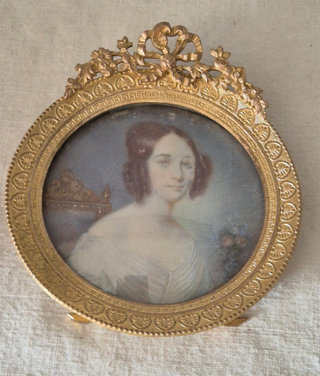 Miniature On Ivory, Empire Directory, Of A Young Girl In Its Bronze Frame -photo-4