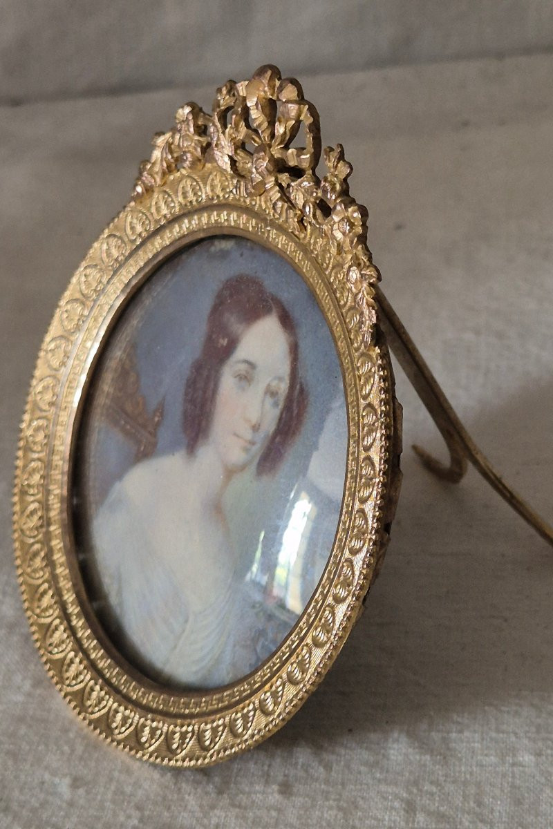 Miniature On Ivory, Empire Directory, Of A Young Girl In Its Bronze Frame -photo-3