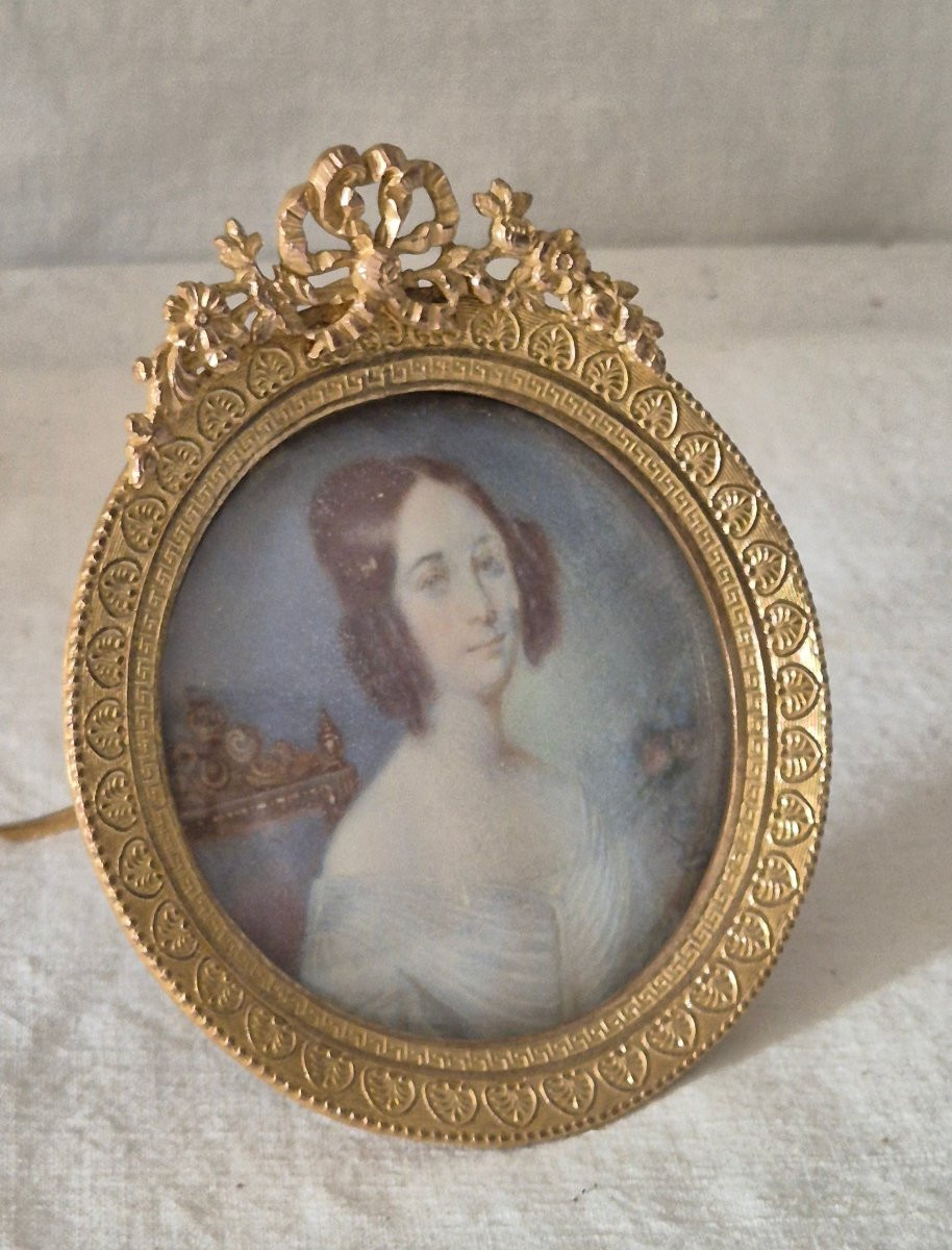 Miniature On Ivory, Empire Directory, Of A Young Girl In Its Bronze Frame -photo-5
