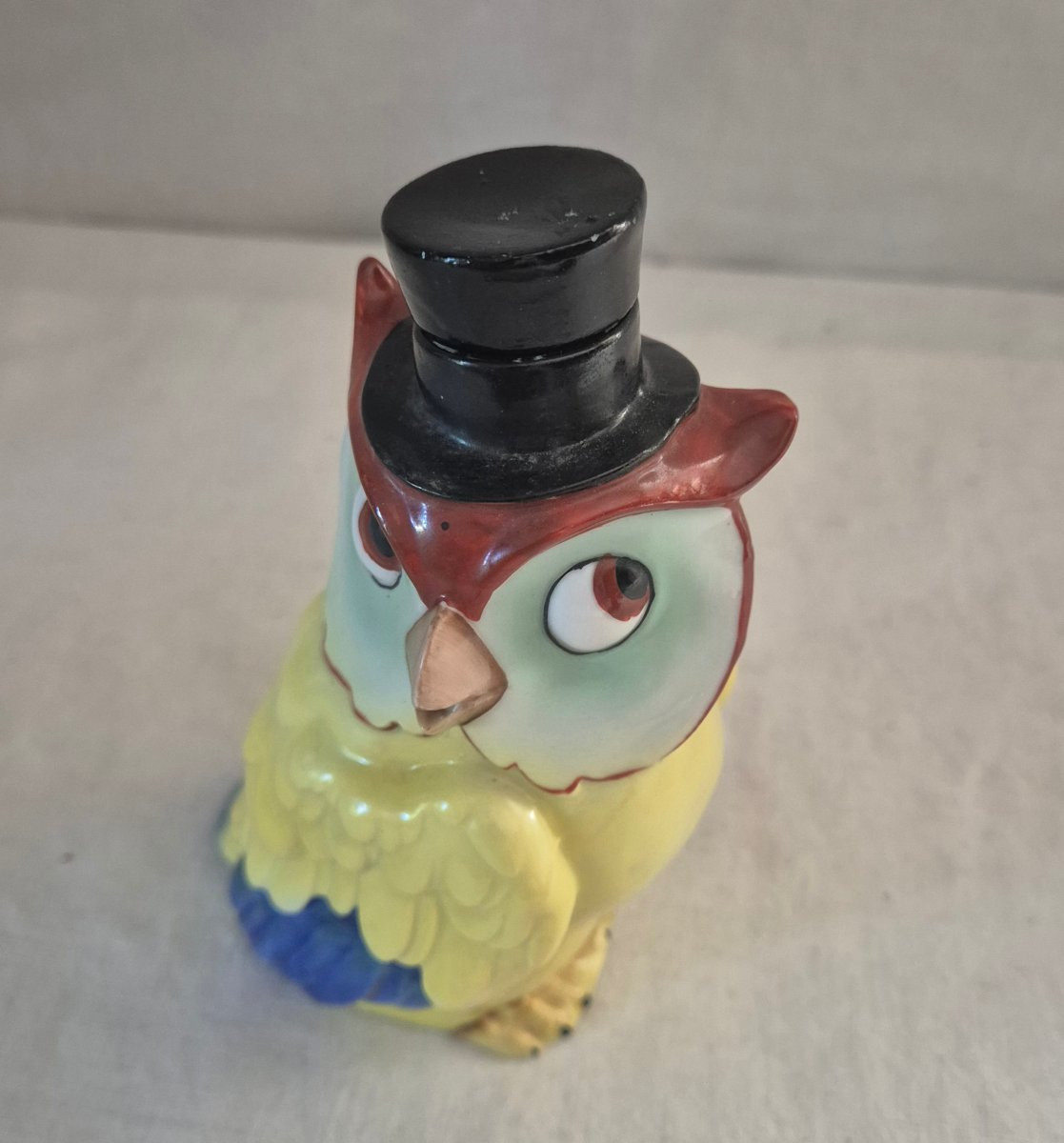 Polychrome Porcelain Anthropomorphic Owl Pouring Flask Bottle -photo-2