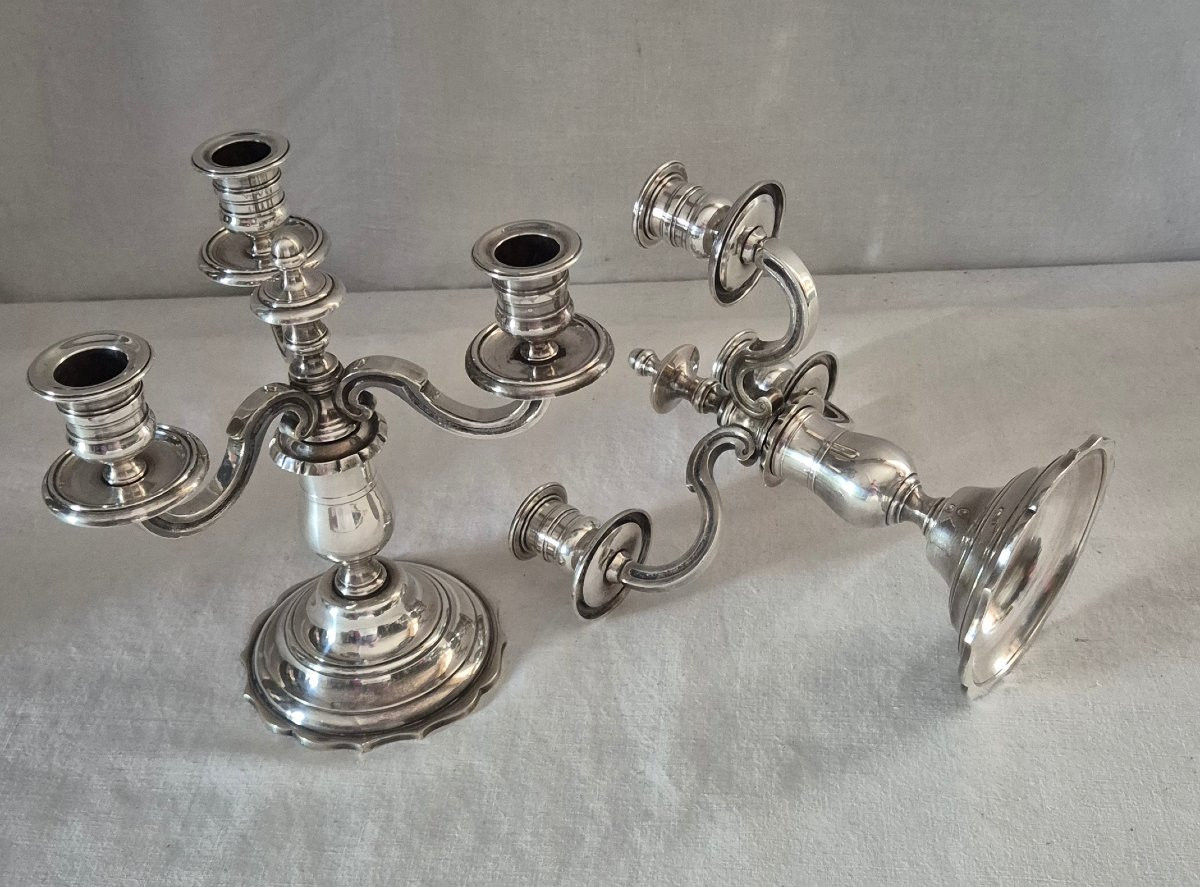 Paire De Bougeoirs Candélabres En Bronze Argenté Style Louis XV -photo-6