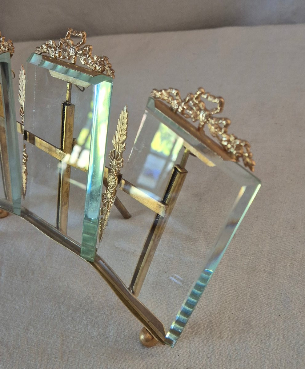 Triptych Photo Frame In Chamfered Glass And Gilt Bronze, Late 19th Century -photo-4