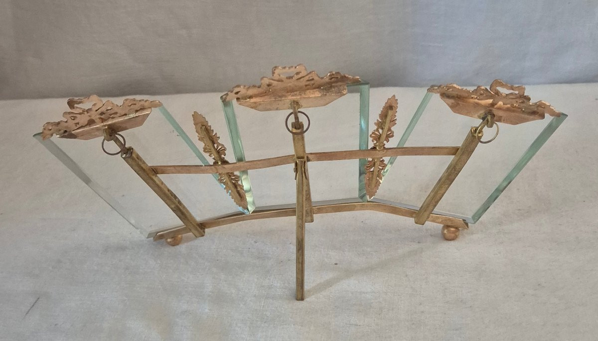 Triptych Photo Frame In Chamfered Glass And Gilt Bronze, Late 19th Century -photo-2
