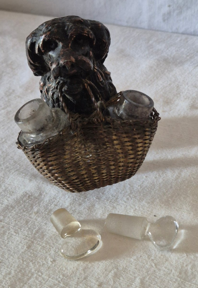 Poodle Dog Carrying Two Small Bottles In Patinated Metal Medal -photo-3