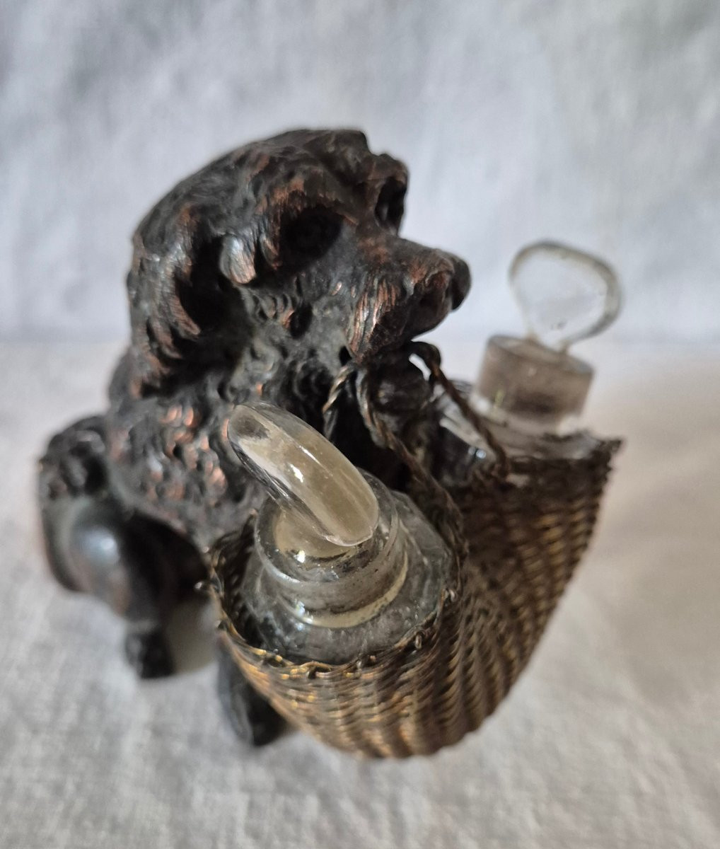 Poodle Dog Carrying Two Small Bottles In Patinated Metal Medal -photo-4
