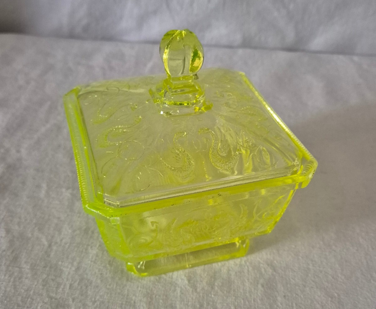 Molded Ouraline Glass Candy And Sugar Bowl With Relief Decoration