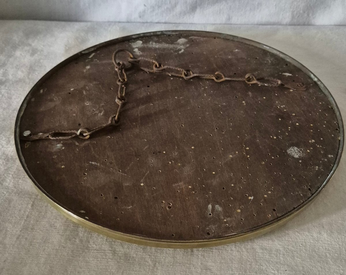 Miroir sorcière dans son cadre "hublot" rond  en laiton. -photo-3