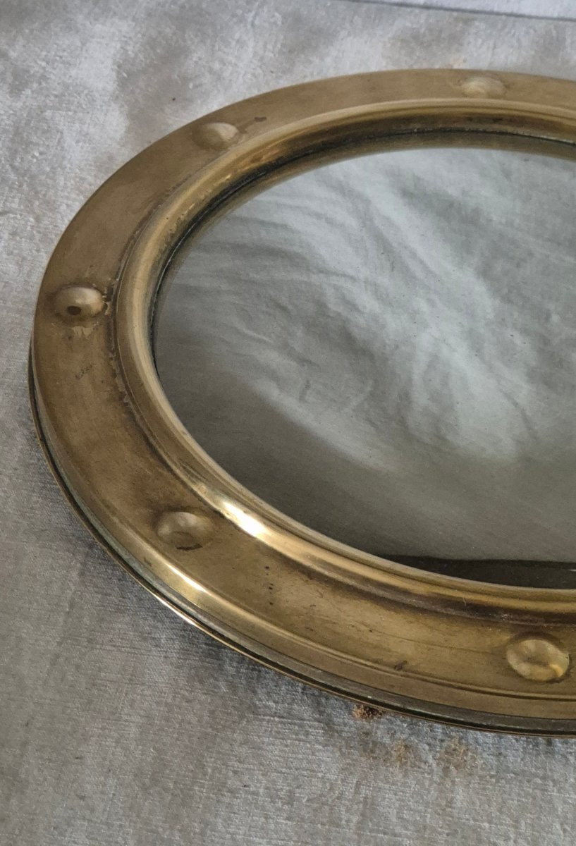 Miroir sorcière dans son cadre "hublot" rond  en laiton. -photo-6