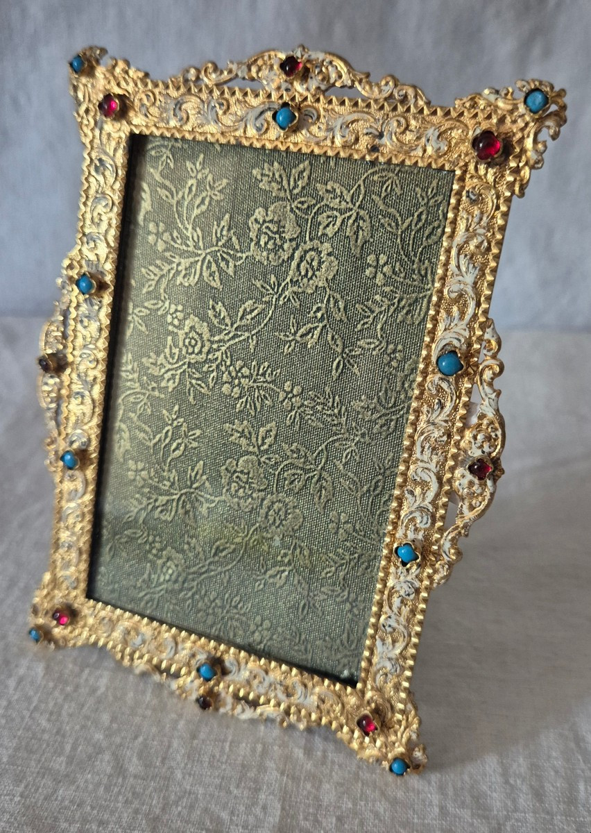 Flat Edge Photo Frame With Relief Decoration Set With Colored Glass Beads 