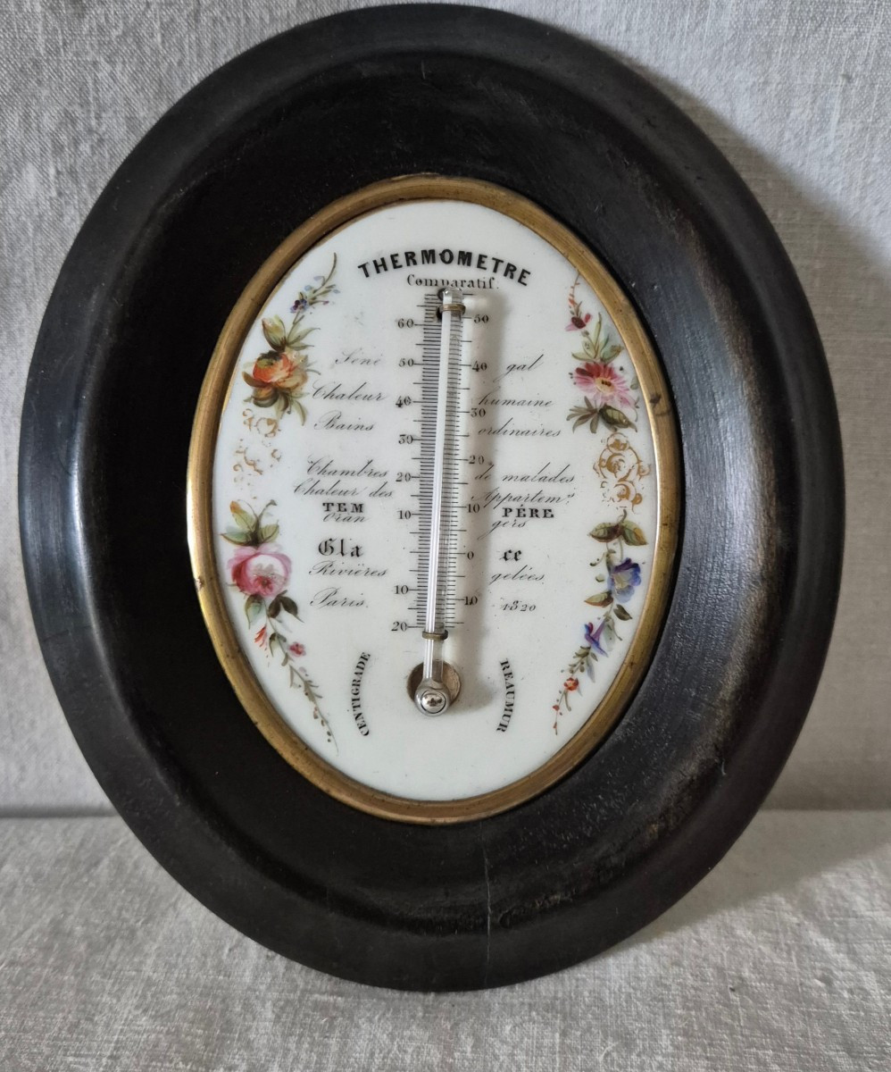 Second Empire Thermometer In Its Oval Frame With Painted Porcelain Plate 