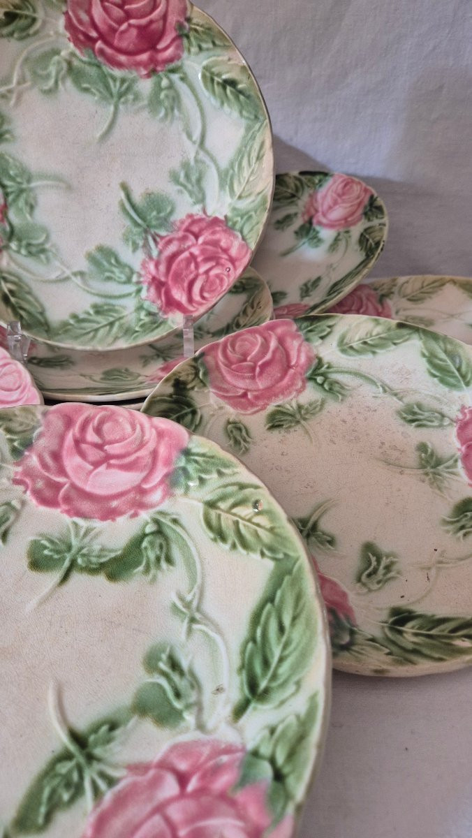 Set Of 12 Slip Plates With Pink And Green Floral Decoration-photo-2