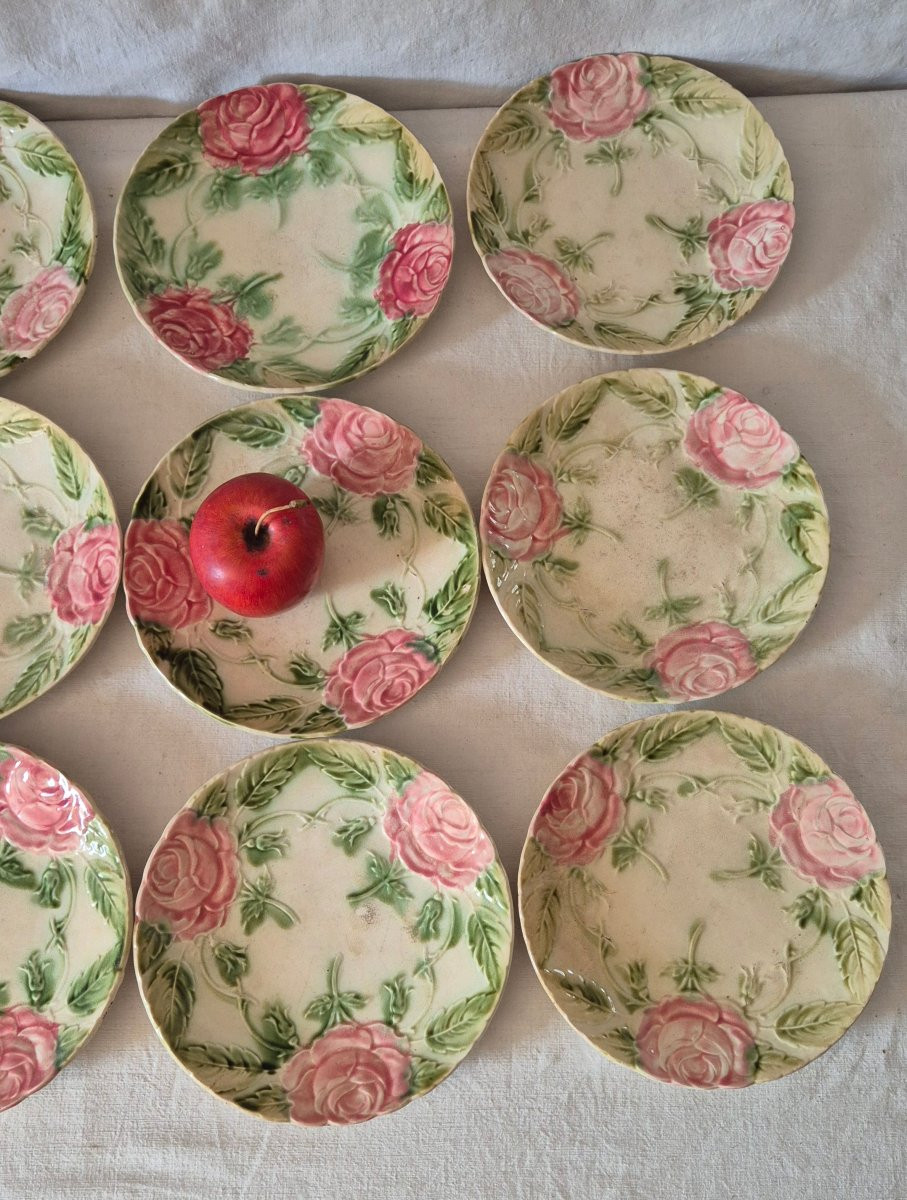 Set Of 12 Slip Plates With Pink And Green Floral Decoration-photo-2