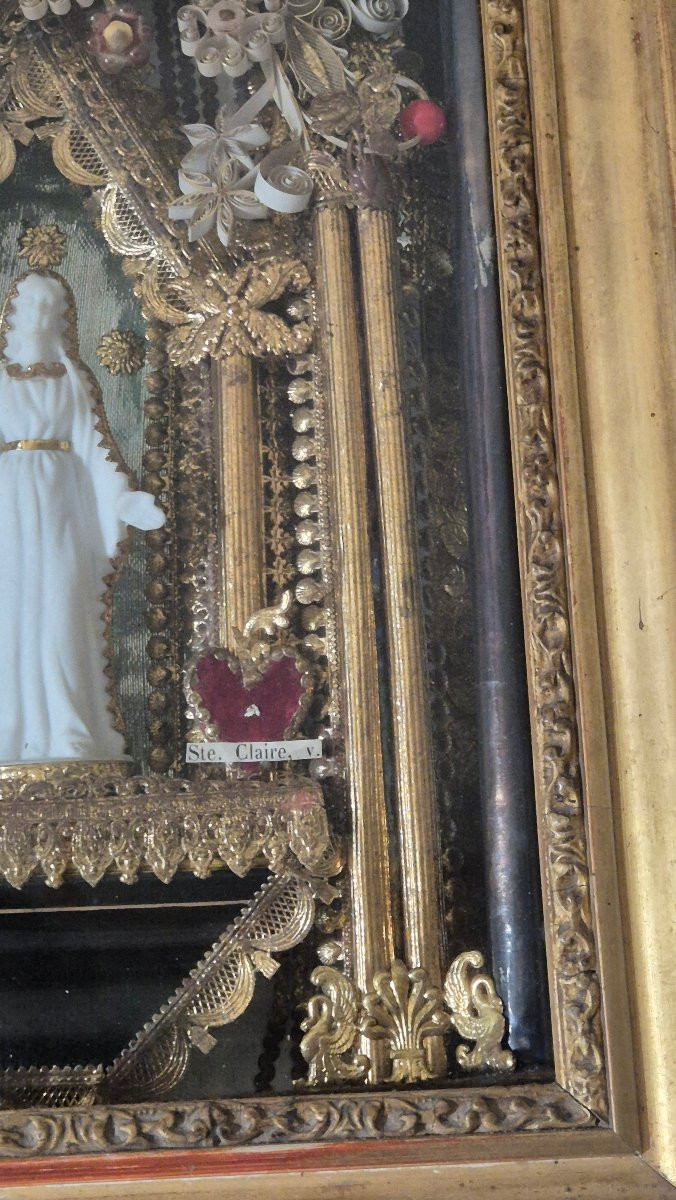 Reliquary Of Saint Therese And Saint Clare, Gilded Wooden Frame And Paperoles -photo-3