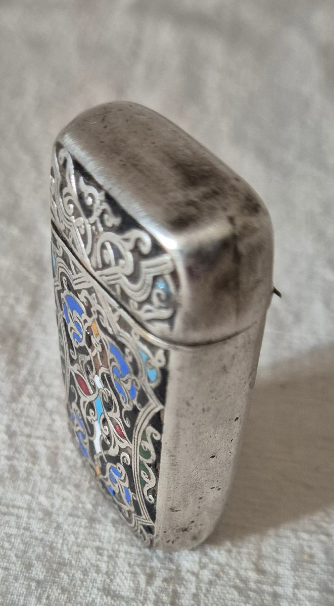 Pyrogène Boîte d'Allumettes de poche métal argenté émail cloisonné -photo-3